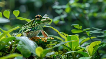 Wall Mural - Green Tree Frog Camouflaged in Lush Foliage