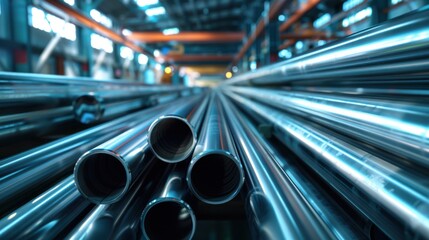 Close-up of Shiny Metal Pipes Stacked in a Warehouse