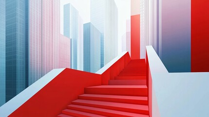 A modern, stylized staircase in a futuristic cityscape featuring red and white geometric elements.