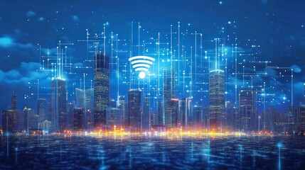 Poster - A modern smart city equipped with 5G networks, showcasing fast, interconnected services like IoT-enabled devices, real-time communication, and seamless data exchange