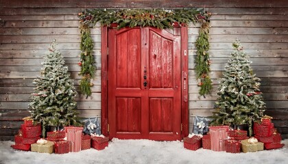 christmas wreath on the door, christmas tree in front of house, Red vintage rustic barn door, backdrop for photography, christmas trees with gifts and christmas decor