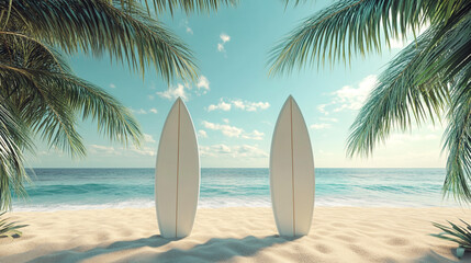 Surfboards on Tropical Beach with Palm Trees and Ocean Waves. Two surfboards rest on a tropical beach, surrounded by palm trees and facing the serene ocean waves. 