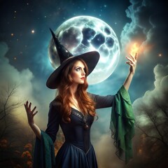 Young woman witch conjures, woman in costume on halloween