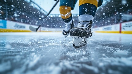 Close up of hockey player skating with stick and puck