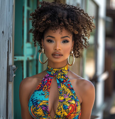 Wall Mural - A stunning Black woman in her early 30s with natural curls styled in a high puff. wearing a form-fitting, colorful dress, large hoop earrings, and bright lipstick.