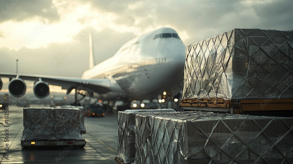 large cargo plane is currently being loaded at the airport. Air cargo ...