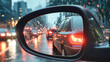 © Anoo - Evening traffic jam view from the rearview mirror on a rainy day, capturing reflections and city lights in a rutty urban landscape at dusk