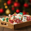 © Wuttichai - Colorful Christmas Cookies on Wooden Tray Display