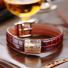 A stylish maroon leather bracelet with a crocodile pattern and a gold buckle, set against a backdrop of elegant drinkware.