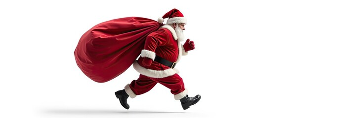 Santa Claus with huge bag, on the run, to delivery christmas gifts isolated on white background