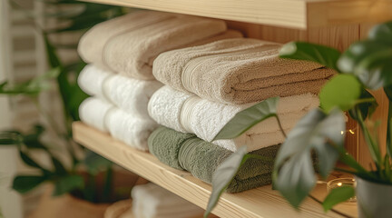 Wall Mural - A set of plush towels in various colors, neatly folded on a shelf in a cozy, elegant bathroom. The towels feature a soft texture that emphasizes quality and comfort.