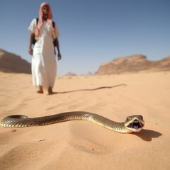 Wall Mural - a man walking in the desert with a snake