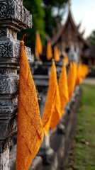 Wall Mural -  A row of orange umbrellas sits next to one another on a lush, green grass-covered park Nearby stands a sturdy stone wall