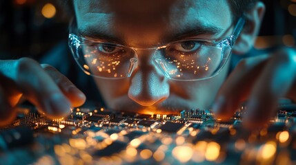 Canvas Print - Tech Enthusiast Examines Circuit Board