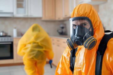 Wall Mural - a man in a yellow hazmat suit and a woman in a yellow hazmat suit