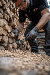 Wall Mural - a man in black gloves and glasses is cutting wood