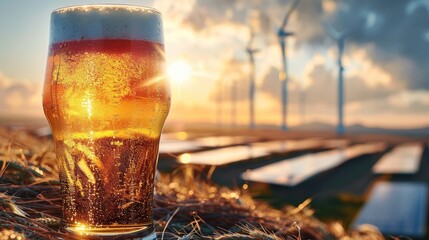 Aufkleber - Fresh beer in glass, a solar plant and wind turbines in the background.