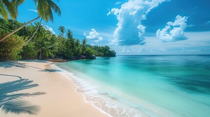 Aufkleber - A stunning beach scene with white sand, turquoise water, and lush green palm trees in the background. The sky is a clear blue with fluffy clouds.
