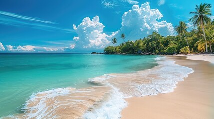 Aufkleber - A stunning beach scene with white sand, turquoise water, and lush green palm trees in the background. The sky is a clear blue with fluffy clouds.
