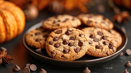 Poster - On a black plate, a plate of delectable chocolate chip cookies is arranged artistically with a decorative pumpkin in the background. Autumn theme.