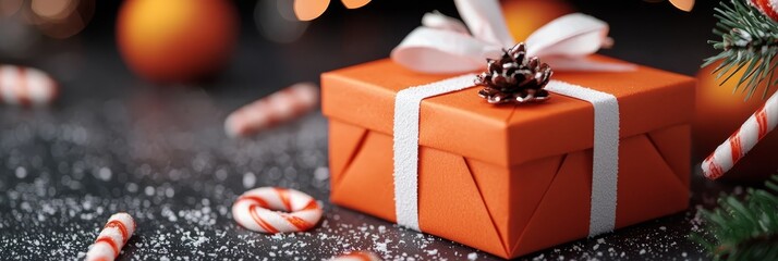 Wall Mural -  A present box, topped with an orange bow, rests atop a table Nearby sit candy canes and an orange Christmas ornament