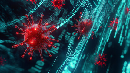 A highly stylized 3D representation of a virus infecting a digital world, with virus particles seen corrupting lines of code. The scene blends biological and digital elements.