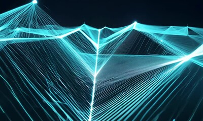 Poster - Futuristic abstract digital landscape with glowing turquoise lines and lights.