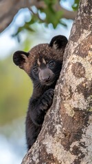  A small brown and black animal sits atop a leaf-covered tree, near a tree filled with green leaves