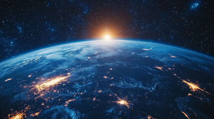 Poster - Our planet Earth, with its continents, shines brightly against the dark blue backdrop of space.  This image shows how technology can help us understand our world.