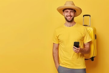 Wall Mural - a man in a yellow shirt and hat holding a suitcase