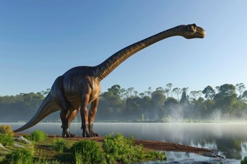 Wall Mural - a dinosaur is standing in front of a lake