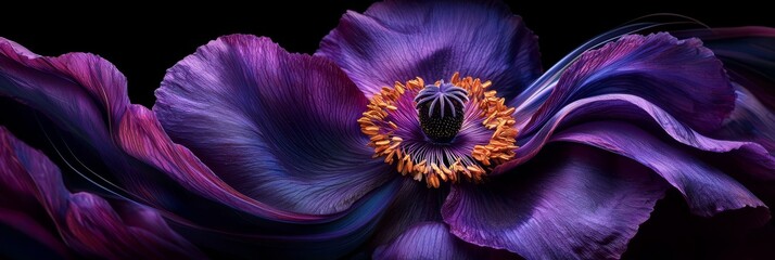  A tight shot of a purple flower with a yellow stamen at its core