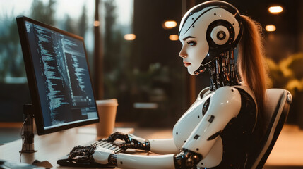 Poster - A robot woman with artificial intelligence sits at a desk, working on a computer. She's a cyborg, part human, part machine, and she's focused on her task.