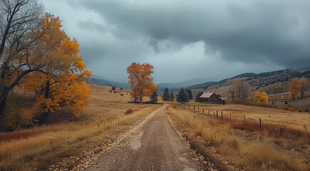 Poster - A cloudy autumn day out in the country with hills trees and old farmhouse a dirt road.