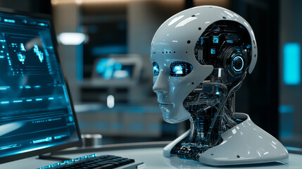 Poster - In a futuristic lab, a robot's head sits on a table, connected to a computer. This robot is being developed as a cyborg, with artificial intelligence. The computer has a touchscreen interface.