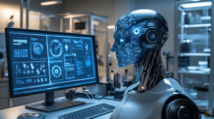 Poster - In a futuristic lab, a robot's head sits on a table, connected to a computer. This robot is being developed as a cyborg, with artificial intelligence. The computer has a touchscreen interface.