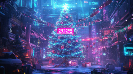 Poster - a futuristic christmas party poster for 2025.features a neon-lit christmas tree with the year 