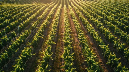 Sticker - Aerial View of a Vineyard with Sunlight Shining Through the Rows of Vines