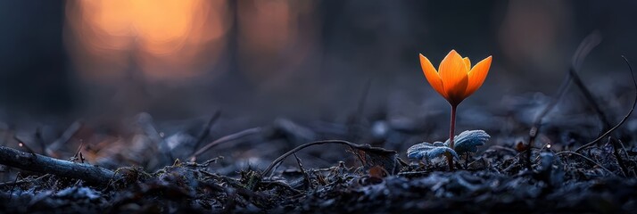 Canvas Print -  A solitary orange bloom atop a sylvan grass patch amidst a forest's sea of green