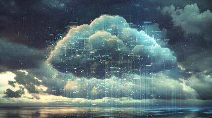 Fototapete - Cloud computing is like storing your digital stuff in a giant cloud. Imagine the cloud as a square with bits of data raining down. Computers connect to this cloud to store or share information.