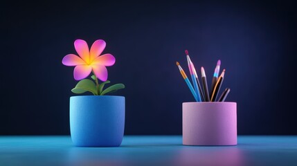 Colorful flower in a pot beside vibrant art supplies on a modern desk, minimalistic style.