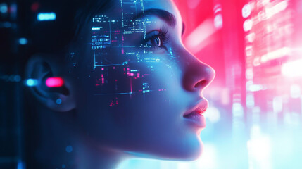 Poster - A futuristic woman, powered by AI, soars through a digital world. She's a cyborg, exploring the virtual space of data. Her beauty is both human and robotic, a blend of technology and art.