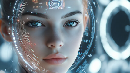 Poster - A futuristic woman, powered by AI, soars through a digital world. She's a cyborg, exploring the virtual space of data. Her beauty is both human and robotic, a blend of technology and art.