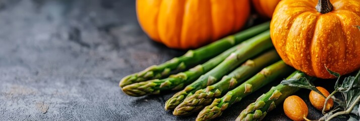  Asparagus, asparagus, and pumpkins are arranged on a table with a black surface as the backdrop