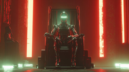 Poster - A powerful, female robot queen, made of metal and lights, sits on a glowing throne. This artwork shows how AI might rule the future, with robots taking control.