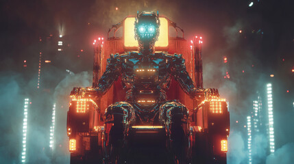Poster - A powerful, female robot queen, made of metal and lights, sits on a glowing throne. This artwork shows how AI might rule the future, with robots taking control.