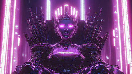 Poster - A powerful, female robot queen, made of metal and lights, sits on a glowing throne. This artwork shows how AI might rule the future, with robots taking control.