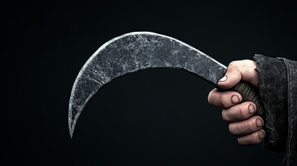 Hand holding a vintage curved scythe against a dark background.