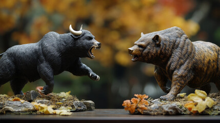 Poster - Stock market investors, known as bears and bulls, compete to make money by buying and selling stocks.Battle is like a fight between bears and bulls, symbolized by Japanese candlesticks on charts.