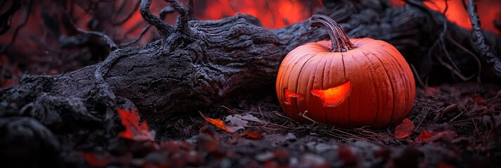 Poster -  A carved pumpkin lies in the forest heart, its face aglow from within through its mouth